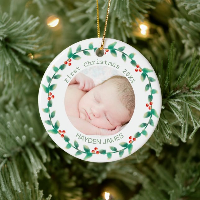Ornamento De Cerâmica Foto personalizada de Natal do Elegant Wreath Baby (Árvore)