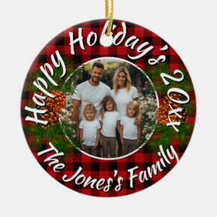 Ornamento De Cerâmica Foto personalizada de Natal em xadrez vermelho com