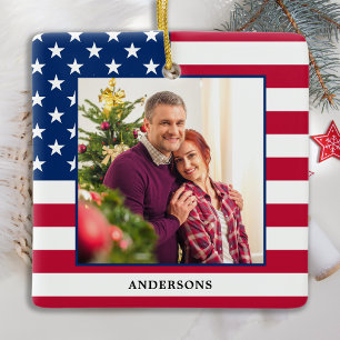 Ornamento De Cerâmica Foto personalizada de Natal Patriótica EUA Bandei