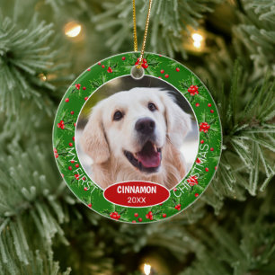 Ornamento De Cerâmica Foto Personalizada de Pet Fofinho no 1º Natal em H