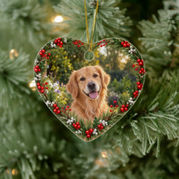 Ornamento De Cerâmica Foto Personalizada de Pet Natal Coroa de Azevinho