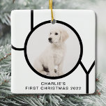 Ornamento De Cerâmica Foto Personalizada de Primeira Alegria de Natal<br><div class="desc">O Primeiro Ornamento Fotográfico de Natal deste Cachorro é decorado com a palavra JOY em preto e branco. Facilmente personalizável com a foto,  o nome e o ano do seu animal de estimação.</div>
