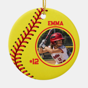 Ornamento De Cerâmica Foto Personalizada de Softball com Nome e Número