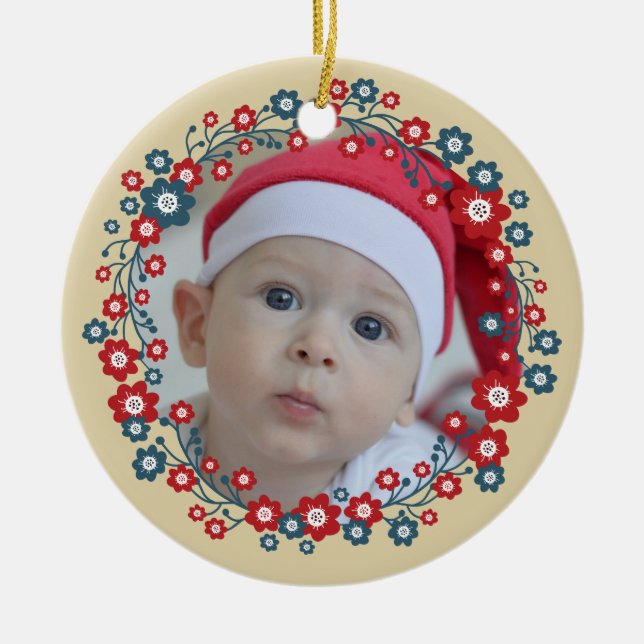 Ornamento De Cerâmica Foto personalizada de Wreath Floral escandinava (Frente)