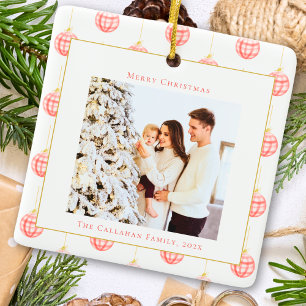 Ornamento De Cerâmica Foto personalizada de Xadrez de Gingham Vermelho e