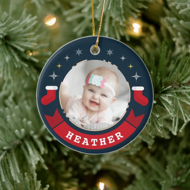 Ornamento De Cerâmica Foto personalizada do bebê Primeiro Natal (Árvore)