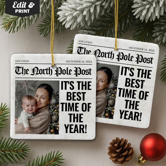 Ornamento De Cerâmica Foto personalizada do jornal de Natal (Personalized Christmas Newspaper Photo Ceramic Ornament)