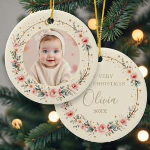 Ornamento De Cerâmica Foto personalizada do primeiro Natal do bebê com e