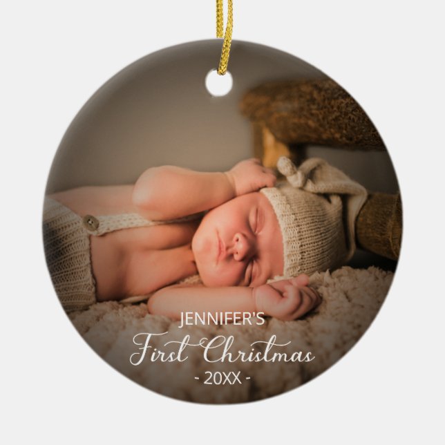Ornamento De Cerâmica Foto personalizada do Primeiro Natal para o Bebê r (Frente)