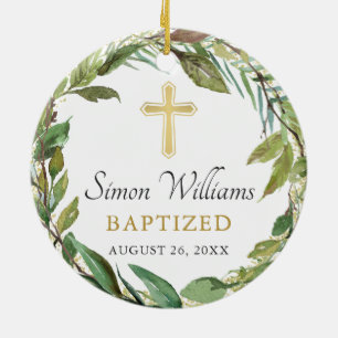 Ornamento De Cerâmica Foto personalizada Dourada Greenery Wreath Baptism