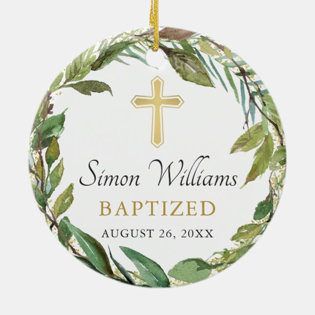 Ornamento De Cerâmica Foto personalizada Dourada Greenery Wreath Baptism (Traseira)