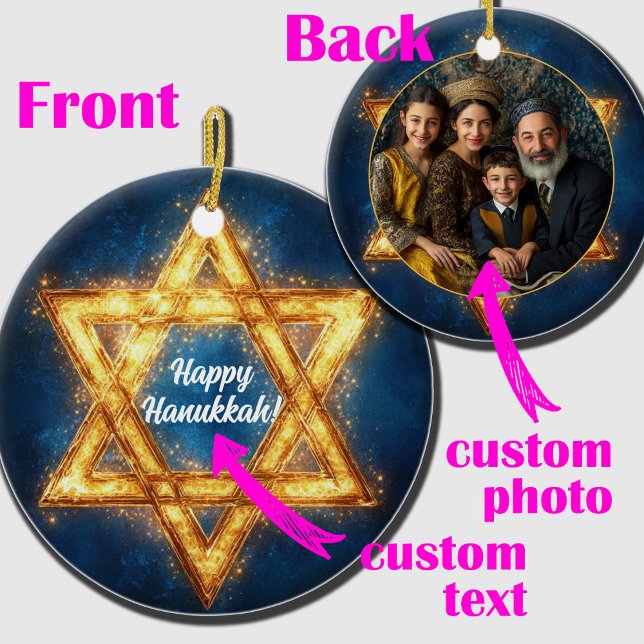 Ornamento De Cerâmica Foto personalizada e texto Feliz Hanukkah, Estrela (Custom photo & text Happy Hanukkah, Star of David Ceramic Ornament)