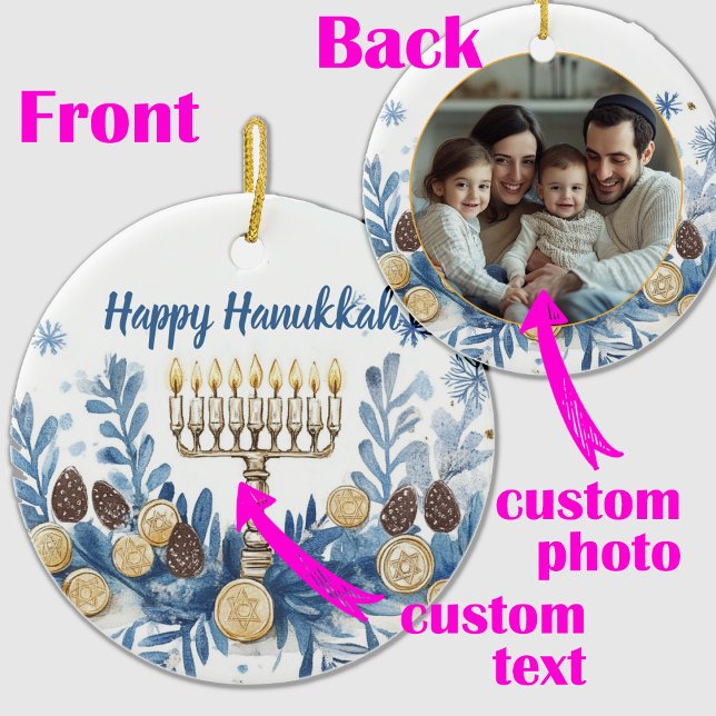Ornamento De Cerâmica Foto personalizada e texto Hanukkah Festival de Lu (Custom photo & text Hanukkah Festival of Lights Ceramic Ornament)