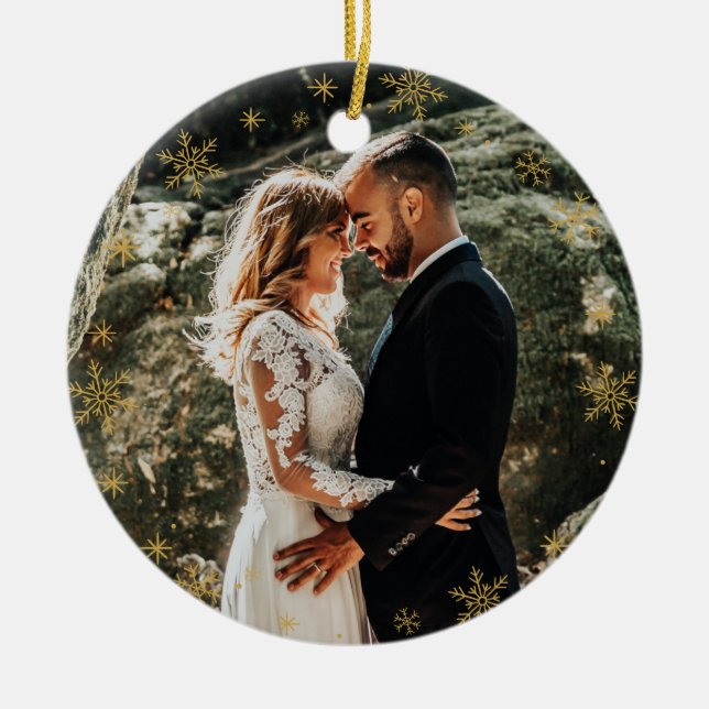 Ornamento De Cerâmica Foto personalizada elegante de Natal + Monograma e (Frente)