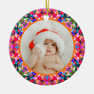 Ornamento De Cerâmica Foto Personalizada Feliz Natal Moderno Colorido
