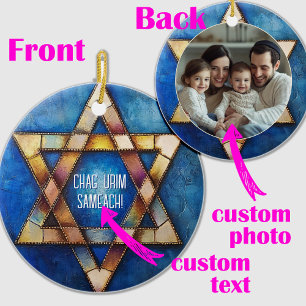 Ornamento De Cerâmica Foto personalizada Happy Hanukkah ✡️, Estrela de D