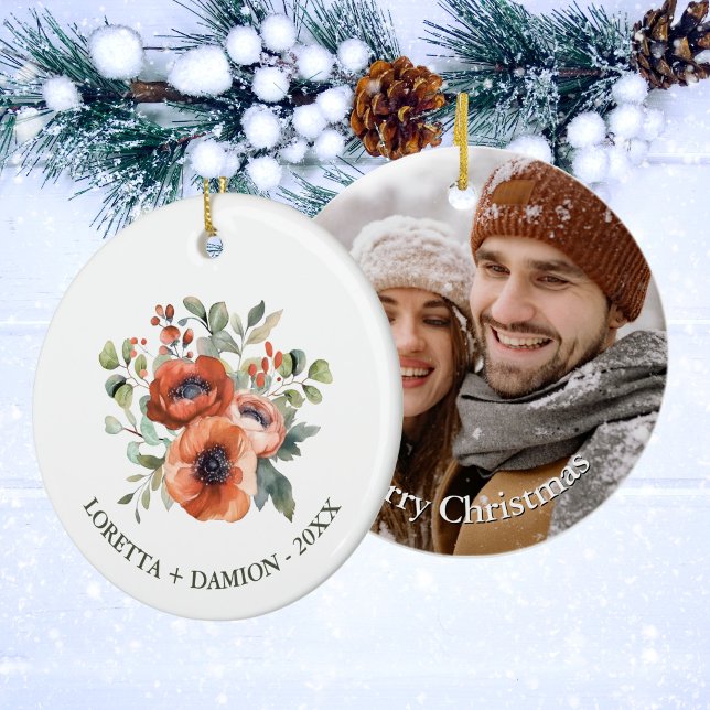 Ornamento De Cerâmica Foto Personalizada Laranja Floral Natal (Criador carregado)