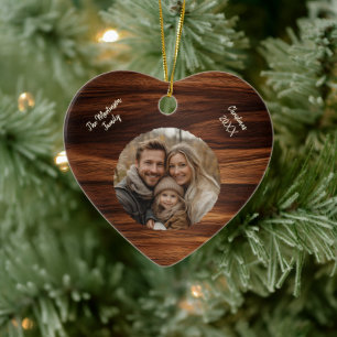 Ornamento De Cerâmica Foto Personalizada Moderna Woodgrain Heart