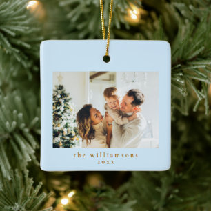Ornamento De Cerâmica Foto Personalizada Natal Minimal Azul Simples Famí