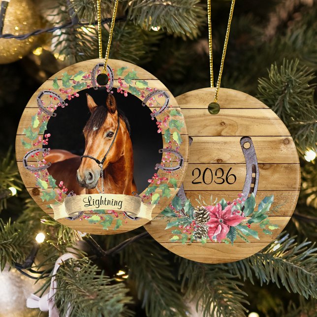 Ornamento De Cerâmica Foto Personalizada para Cavalo de Natal Rustic Woo (Criador carregado)