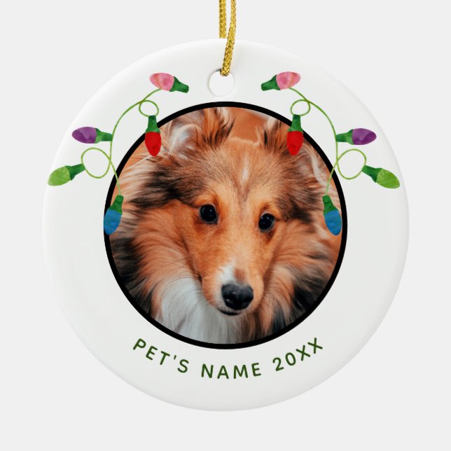Ornamento De Cerâmica Foto personalizada Pet com luzes de Natal (Frente)