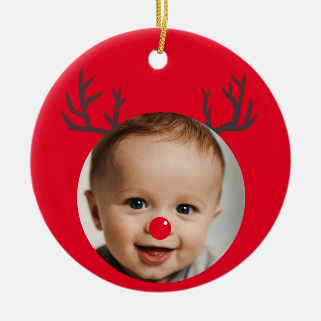 Ornamento De Cerâmica Foto personalizada Reindeer Baby Primeiro Natal (Frente)