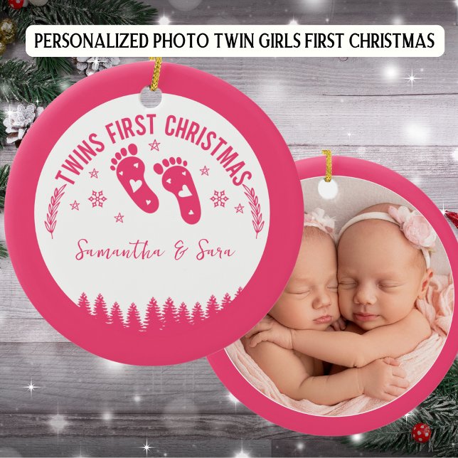 Ornamento De Cerâmica Foto Personalizada Twin Girls Primeiro Natal (Criador carregado)