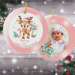 Ornamento De Cerâmica Foto personalizada Woodland Deer Christmas<br><div class="desc">Adicione um toque de natureza e personalização ao seu decoro de férias com nosso requintado ornamento cerâmico de Woodland Deer Christmas em rosa-claro. Perfeito para celebrar a temporada no estilo, este ornamento apresenta veados adoráveis com um cartaz que diz feliz e brilhante, fazer-o como um único guardião para sua árvore....</div>