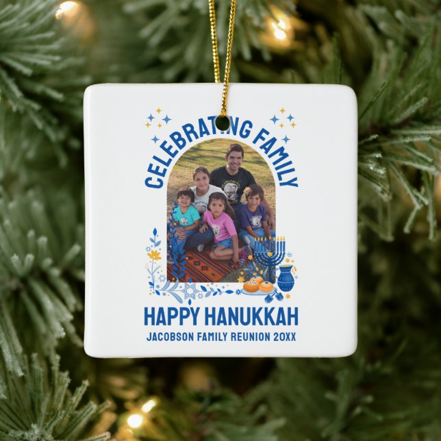 Ornamento De Cerâmica Foto personalizável de REUNIÃO DA FAMÍLIA HANUKKAH (Árvore)