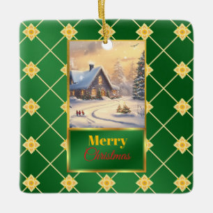 Ornamento De Cerâmica Foto Personalizável Elegante Verde e Dourado Natal