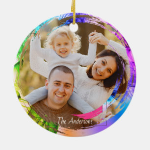 Ornamento De Cerâmica Foto: Pink Purple Modern Bats Moon Happy Halloween
