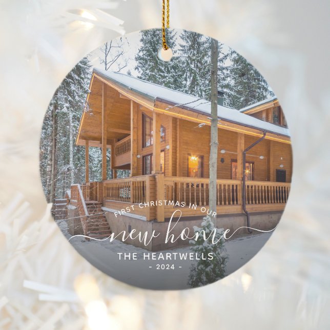 Ornamento De Cerâmica Foto Primeiro Natal Novo White Script 2024 (Criador carregado)