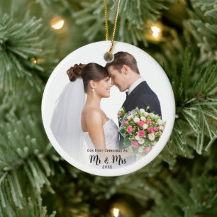 Ornamento De Cerâmica Foto Primeiro Natal Sr. e Sra. Personalizada