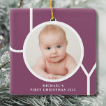 Ornamento De Cerâmica Foto púrpura de Natal do Bebê Personalizado<br><div class="desc">O Primeiro Ornamento Fotográfico de Natal deste na moda Baby é decorado com a palavra JOY em branco sobre fundo roxo. Facilmente personalizável com sua foto e seu nome. Adequado para um menino ou menina.</div>