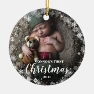 Ornamento De Cerâmica Foto Quadro de Natal do Bebê com Nome e Floco de N
