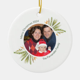 Ornamento De Cerâmica Foto redonda personalizada aquarela Verde Natal