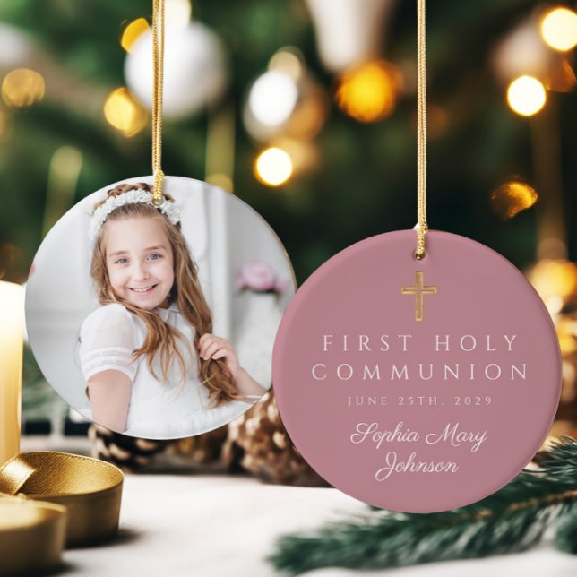 Ornamento De Cerâmica Foto: Rosa Religiosa Cruz Menina Primeira Comunhão (Pink Religious Cross Girl First Communion Photo Ceramic Ornament)