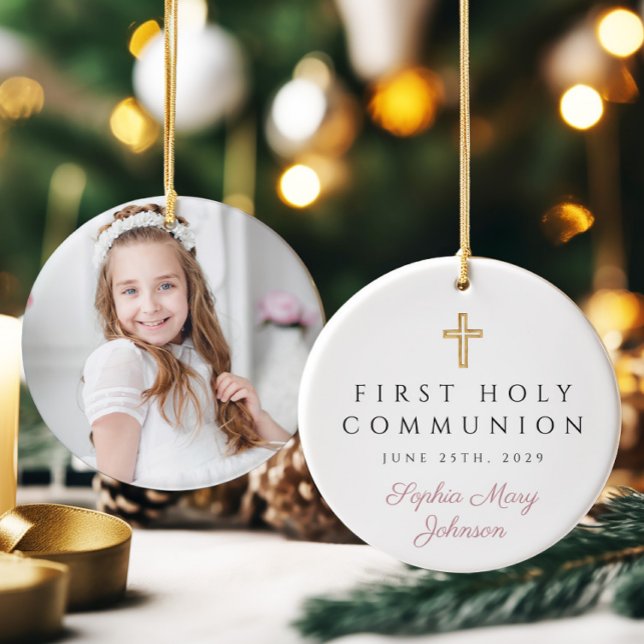 Ornamento De Cerâmica Foto: Rosa Religiosa Cruz Menina Primeira Comunhão (Photo Pink Religious Cross Girl First Communion Ceramic Ornament)