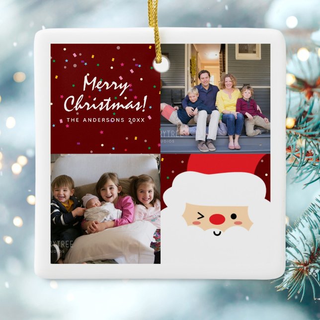 Ornamento De Cerâmica Foto Rustic Red Christmas Confetti & Papai noel Fa (Criador carregado)