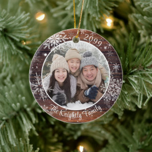 Ornamento De Cerâmica Foto Rustic Wood Snowflake Personalizada