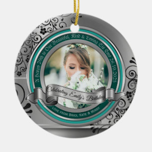 Ornamento De Cerâmica Foto Silver Flourish Elegant Banner Turquoise