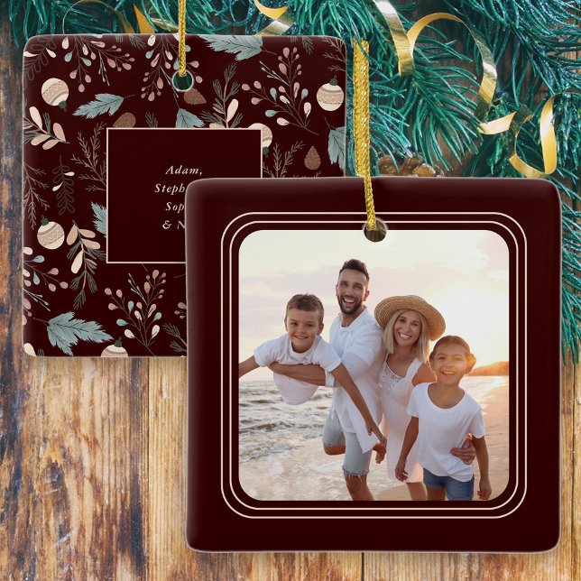 Ornamento De Cerâmica Foto simples Boho Winter Greenery Natal (Criador carregado)