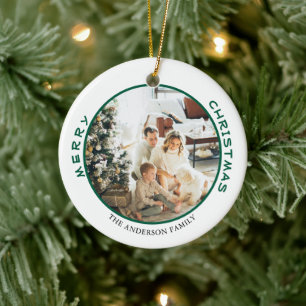 Ornamento De Cerâmica Foto Simples da Família de Feliz Natal Verde