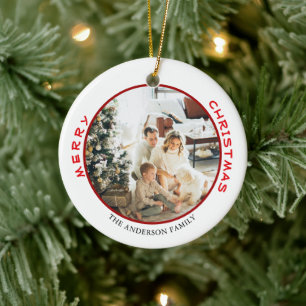 Ornamento De Cerâmica Foto Simples da Família Feliz Natal Vermelho