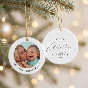 Ornamento De Cerâmica Foto Simples da Mamãe e do Bebê no Primeiro Natal
