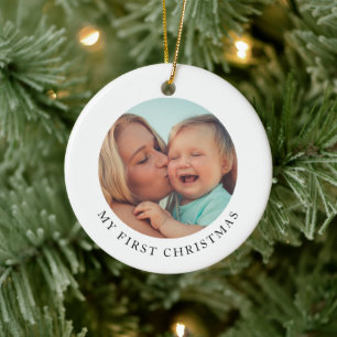 Ornamento De Cerâmica Foto Simples da Mamãe e do Bebê no Primeiro Natal