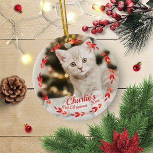 Ornamento De Cerâmica Foto Simples do Primeiro Natal do Gato com Coroa V