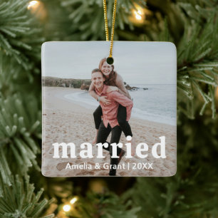 Ornamento De Cerâmica Foto Simples Moderna no Primeiro Natal Casado