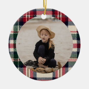 Ornamento De Cerâmica Foto Tradicional de Natal Xadrez Tartã Nostálgica