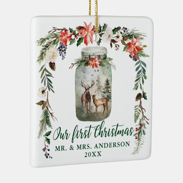 Ornamento De Cerâmica Foto verde do primeiro Natal de inverno veado (Direito )